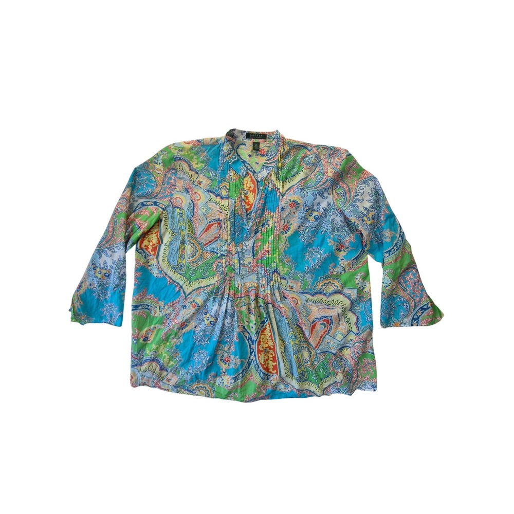 Lauren Ralph Lauren Paisley Pintuck Tunic Top Womens 2X Blue Green Cotton